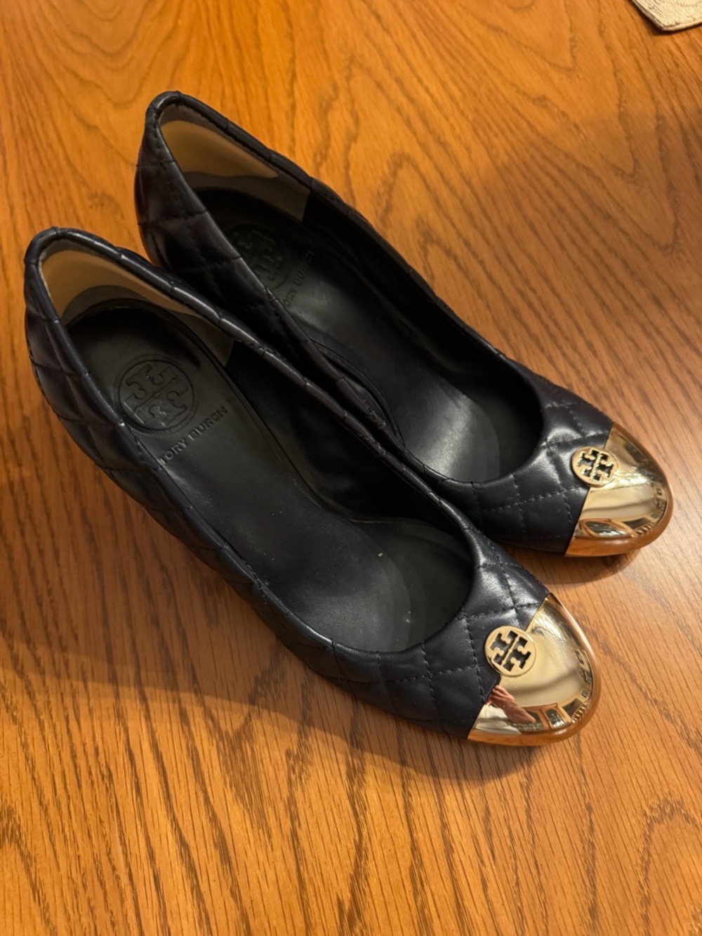 Tory Burch Navy Quilted Wedge with Gold Cap Toe Emblem